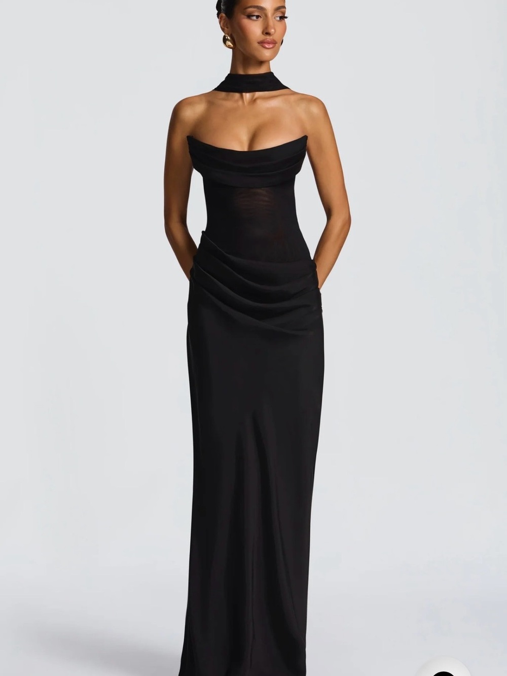 Black Strapless Maxi Dress with Draped Waist and Choker